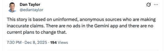 Google refutes claims that ads will be added to Gemini in 2026