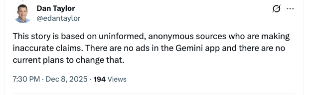 Google refutes claims that ads will be added to Gemini in 2026